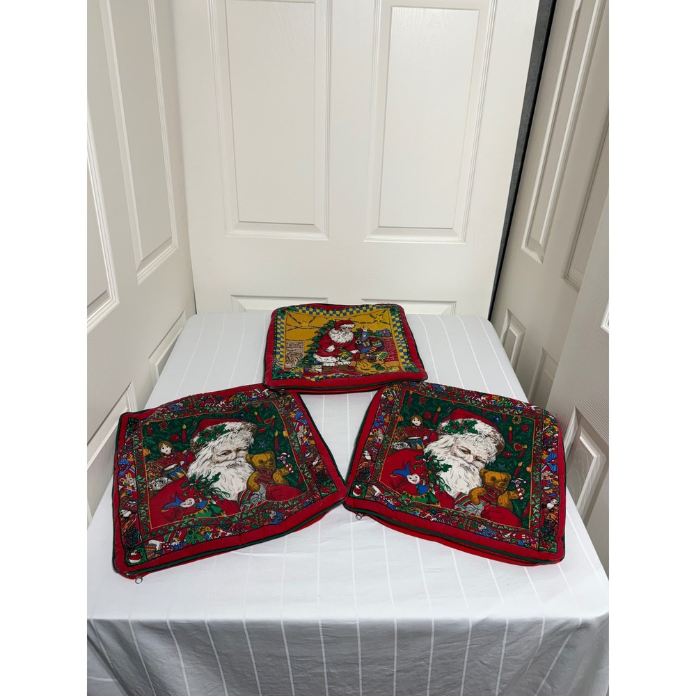 Vintage Christmas Santa Claus Quilted Throw Pillow Covers Set of 3 Red 16x16